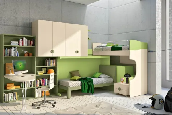 Cameretta a soppalco in laccato opaco avorio verde lime e verde muschio di Ferrimobili
