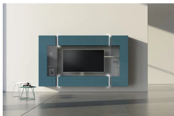 Parete attrezzata con smart TV, modello sospeso in laccato e vetro, Comp 03 di Voltan