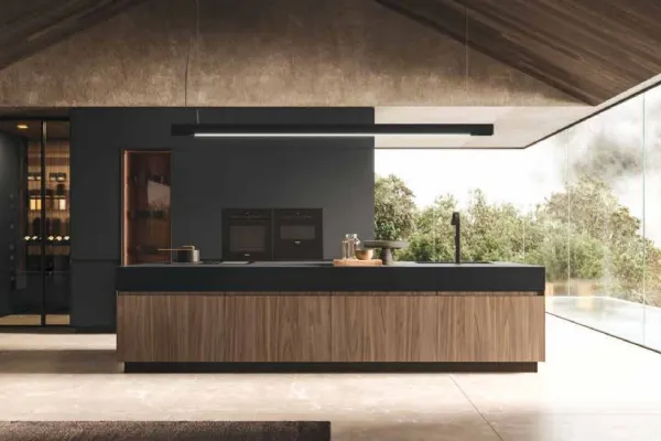 Cucina in melaminico e vetro con isola e top in pietra naturale di Arrital
