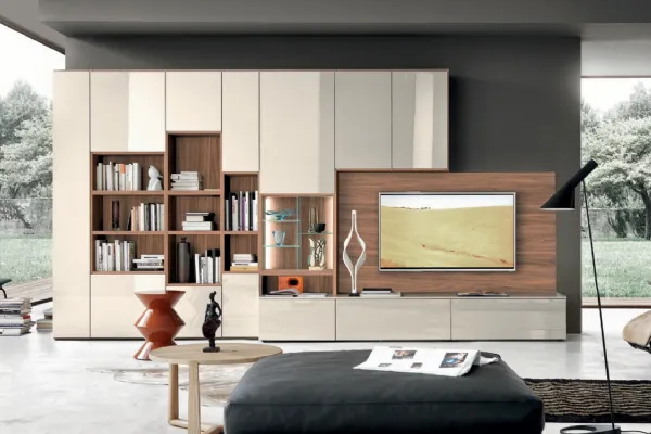 Libreria Comp M6C66 in legno laccato lucido e vetro di Sangiacomo
