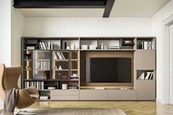 Libreria Comp M6C60 in legno laccato opaco e vetro di Sangiacomo