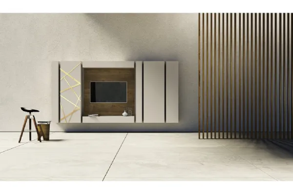 Parete Attrezzata in laccato chiaro con pannello porta TV in legno Comp 06 di Voltan