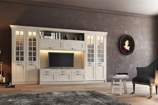 Parete attrezzata in legno e vetro, cassetti e vani a giorno, Virginia II di Arredo 3