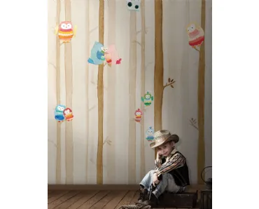 Carta da parati per camerette con gufetti colorati nel bosco Dakota di London Art