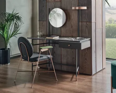 Scrittoio Vanity con top in marmo, cassetto in legno laccato e struttura in acciaio di Bontempi