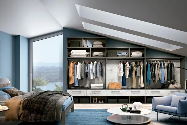Cabina Armadio mansardata in materico effetto marmo di Carrara e laccato opaco Look 13 di Ferrimobili