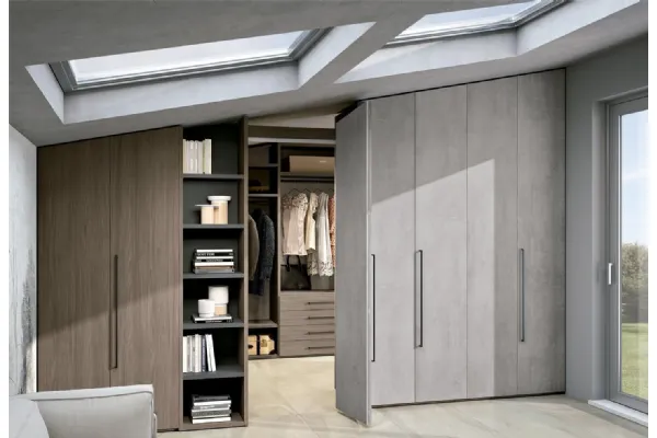 Cabina Armadio Bifacciale in materico effetto cemento e legno Composizione 02 di Ferrimobili