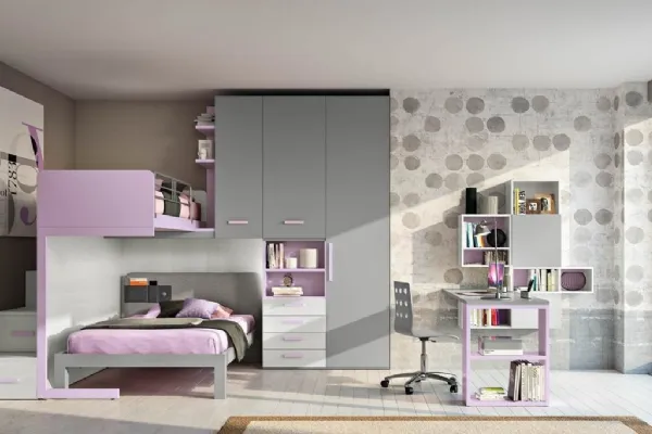 Cameretta per Ragazze 916 con soppalco e libreria sospesa di Ferrimobili
