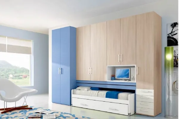Cameretta per Ragazzi 608 salvaspazio in legno e laccato azzurro e bianco di Ferrimobili