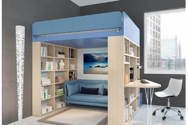 Cameretta per Ragazzi 707 a soppalco con zona living e studio nella parte inferiore e letto in quella superiore di Ferrimobili