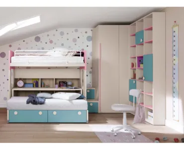 Cameretta in melaminico e laccato azzurro e rosa Alpha Letto a Castello B030 di Doimo Cityline