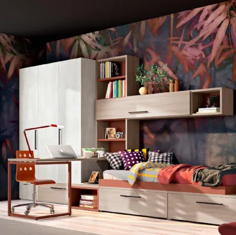 Cameretta per Ragazzi 707 a soppalco con zona living e studio nella parte inferiore e letto in quella superiore di Ferrimobili
