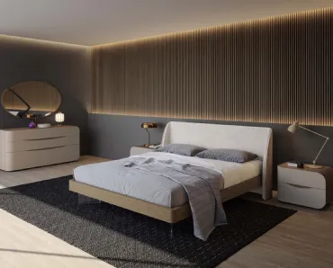 Letto in legno con imbottitura frontale in velluto e piedini in vetro Eikon Quercia di Voltan
