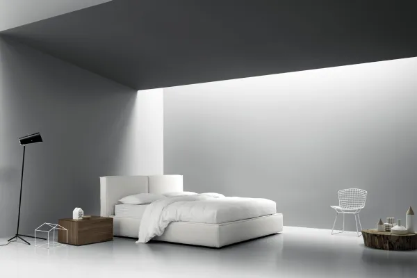 Letto imbottito con contenitore in tessuto chiaro Flex di Md House