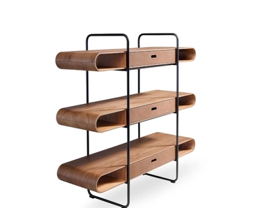 Libreria Apelle in metallo con ripiani in legno e cassetti in cuoio di Midj