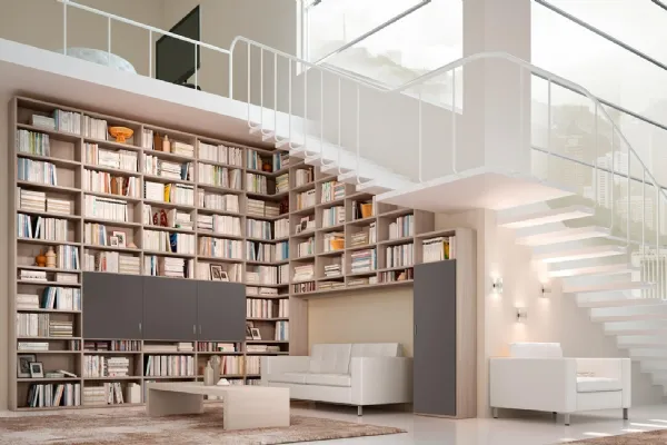 Libreria living 71D in legno di olmo e ante in laccato opaco su misura di Ferrimobili