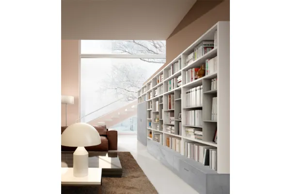 Libreria Living 78D con vani a giorno e ante in materico effetto cemento di Ferrimobili