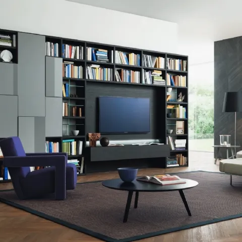 Libreria con vano porta TV Modo M6C72 in laccato opaco e Rovere carbone di Sangiacomo