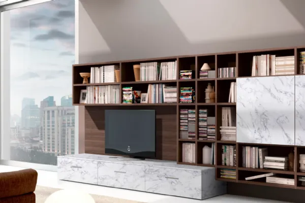 Libreria Living 74D sospesa composta da ante e vani a giorno di Ferrimobili