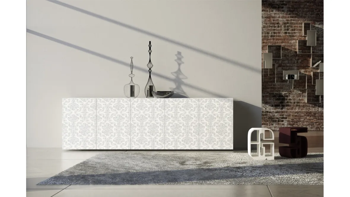 Madia a 5 ante Comp 11 in laccato opaco bianco con incisione di Voltan