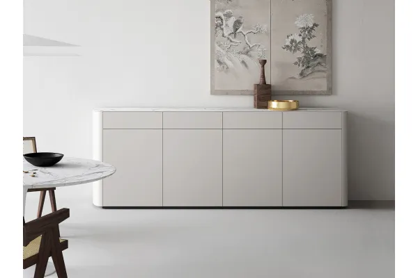 Madia con fianchi tondi in laccato opaco rugiada con top in gres porcellanato effetto marmo Side di Caccaro