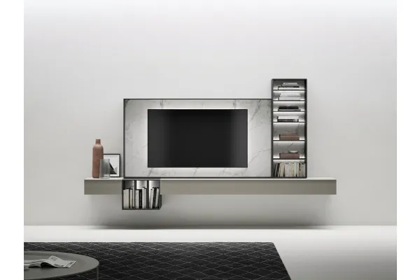 Mobile Porta Tv sospeso in laccato opaco con cornice in gres effetto marmo di Caccaro