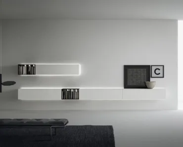 Mobile sospeso in laccato bianco opaco con schiene LED sul perimetro Wallover 02 di Caccaro