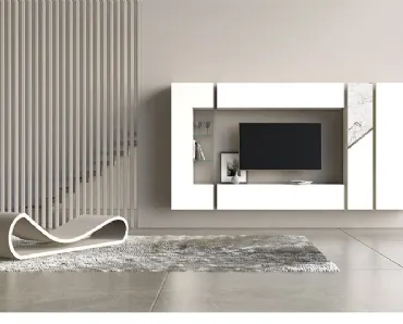 Parete Attrezzata Comp 12 in laccato opaco bianco, ceramica e bronzo graffiato di Voltan