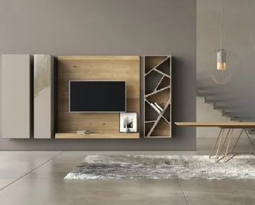 Parete Attrezzata Comp 14 in laccato opaco, ceramica e bronzo graffiato con spalla e piano d'appoggio in legno di quercia di Voltan