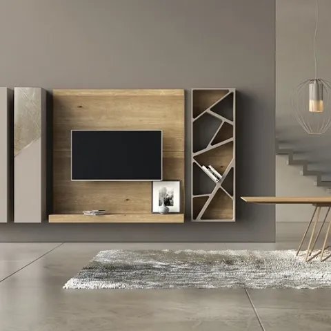 Parete Attrezzata Comp 14 in laccato opaco, ceramica e bronzo graffiato con spalla e piano d'appoggio in legno di quercia di Voltan