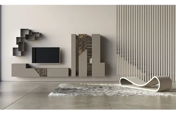 Parete Attrezzata in laccato opaco con inserti in ceramica e bronzo graffiato Comp 15 di Voltan