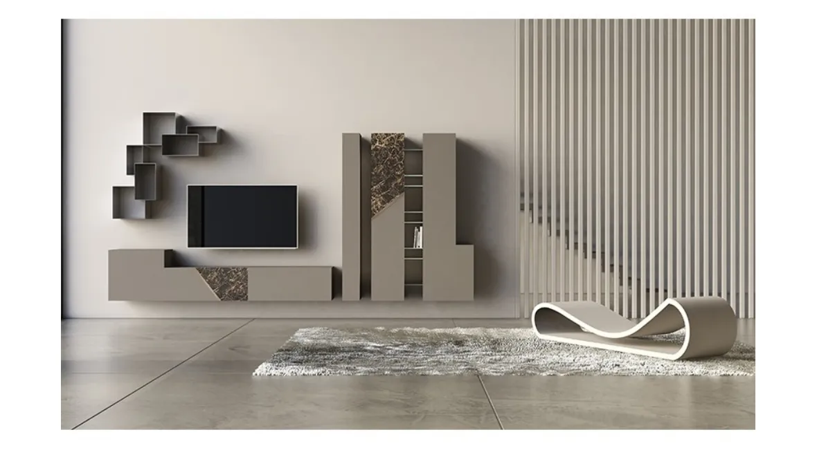 Parete Attrezzata in laccato opaco con inserti in ceramica e bronzo graffiato Comp 15 di Voltan