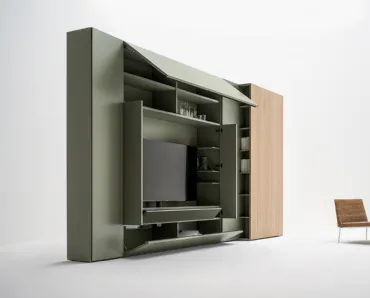 Parete attrezzata in laccato opaco e legno con porta TV Living Roomy di Caccaro