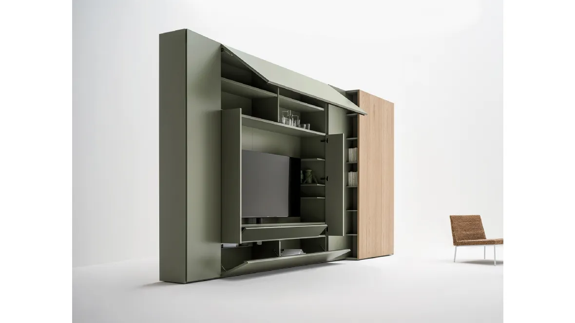 Parete attrezzata in laccato opaco e legno con porta TV Living Roomy di Caccaro