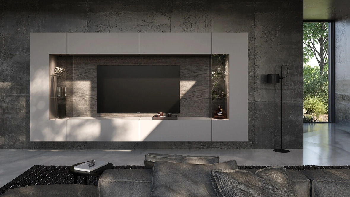 Parete Attrezzata Soggiorno con schienale dietro vetrine di Voltan