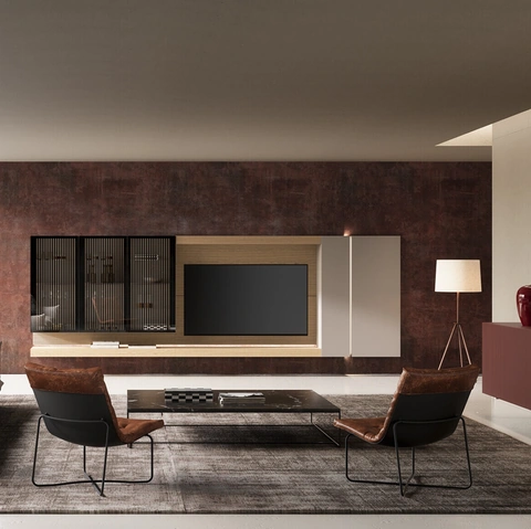 Parete Attrezzata Soggiorno Lucifer con schienale Quercia di Voltan