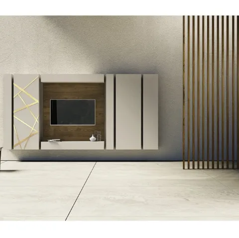 Parete Attrezzata in laccato con decorazione in bronzo graffiato e pannello porta TV in legno di quercia Comp 06 di Voltan