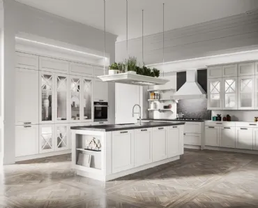 Cucina Classica con isola in legno di Frassino massello laccato Bianco a poro aperto e top in Dekton Fossil Frida classic di Arredo3