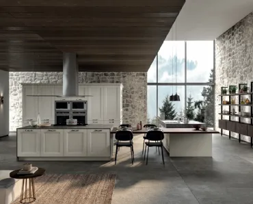 Cucina Classica angolare Gioiosa in legno di Frassino laccato Nebbia a poro aperto e top in laminam Pietra Grey di Arredo3
