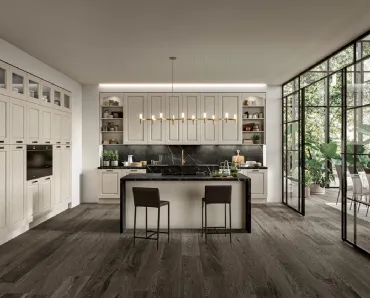 Cucina Classica con isola in legno di Frassino finitura Juta decapè e top in Dekton Verona di Arredo3