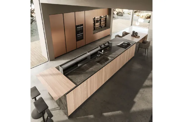 Cucina Design lineare in olmo naturale con top in marmo pietra grey Ak 04 04 di Arrital