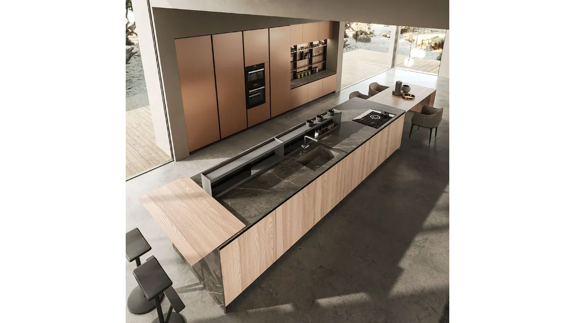 Cucina Design lineare in olmo naturale con top in marmo pietra grey Ak 04 04 di Arrital