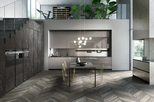 Cucina Design lineare in vetro lucido grigio londra con top in acciaio inox vintage Ak 04 05 di Arrital