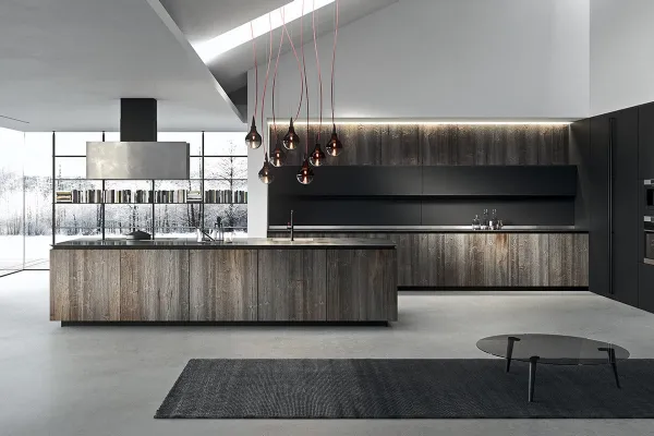 Cucina Design lineare in abete tabacco con top in acciaio vintage Ak 05 TailorMade 02 di Arrital