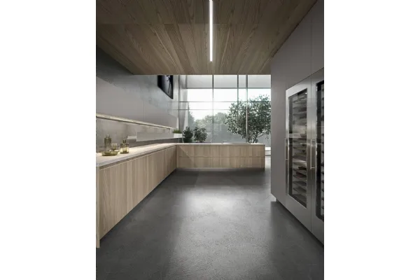 Cucina Design angolare in impiallacciato olmo con top in gres diamond cream Ak 05 TailorMade 03 di Arrital