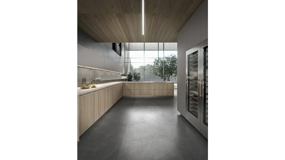 Cucina Design angolare in impiallacciato olmo con top in gres diamond cream Ak 05 TailorMade 03 di Arrital