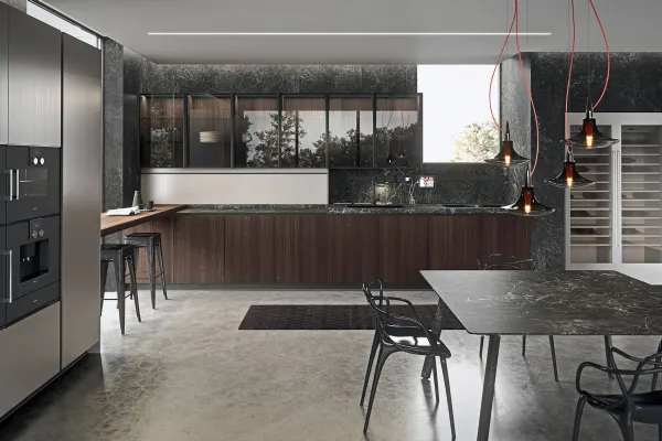 Cucina Design lineare in impiallacciato Eucalipto fumè e top in gres nero Greco Ak 05 TailorMade 05 di Arrital
