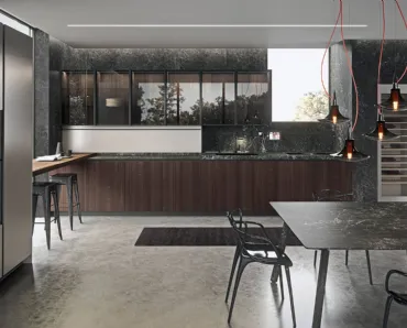 Cucina Design lineare in impiallacciato Eucalipto fumè e top in gres nero Greco Ak 05 TailorMade 05 di Arrital