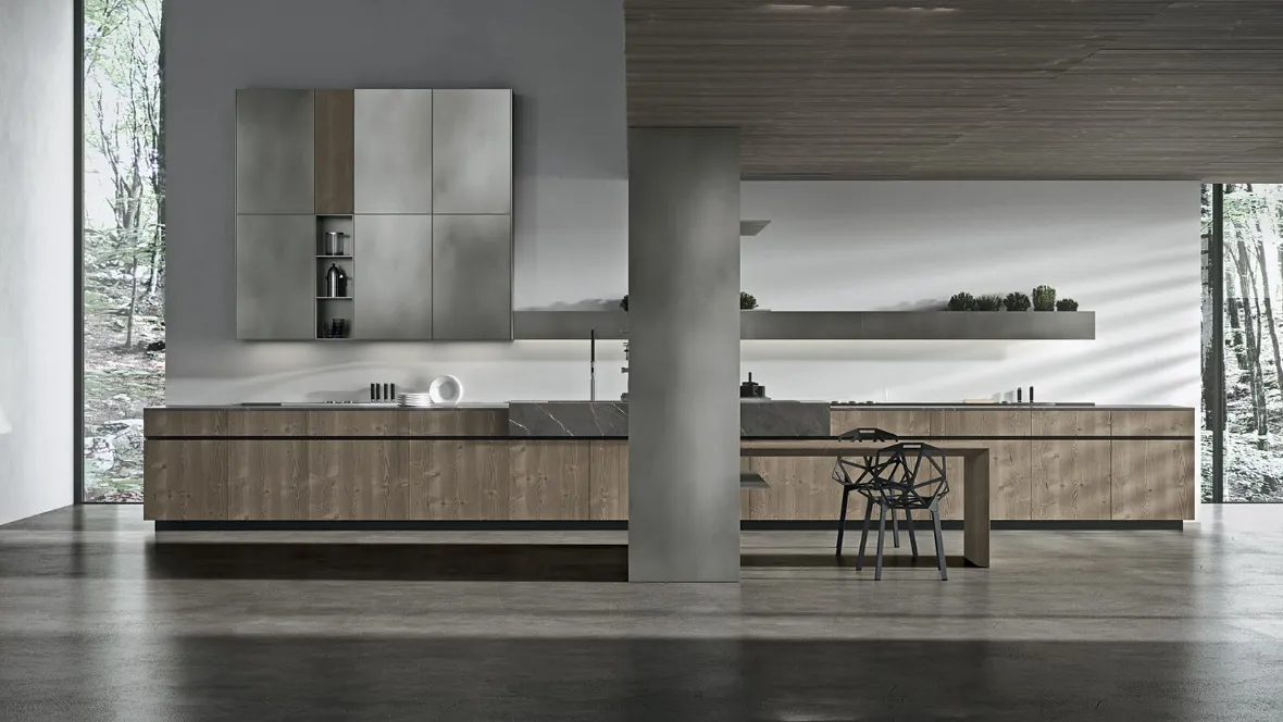Cucina Design lineare in impiallacciato Abete con top in pietra grey Ak 05 TailorMade 06 di Arrital
