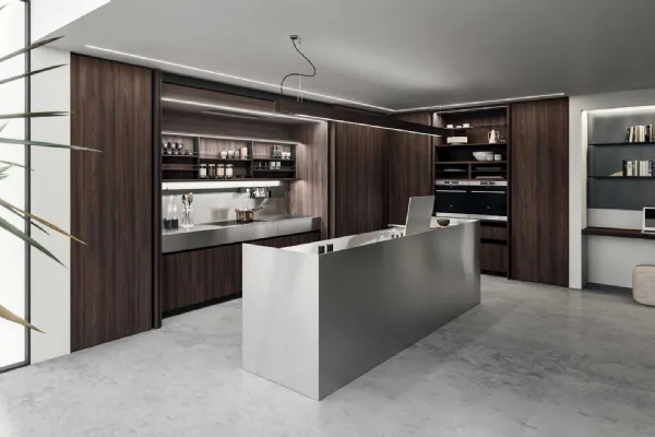 Cucina Design con isola in melaminico termostrutturato e acciaio inox satinato Ak Project 01 di Arrital